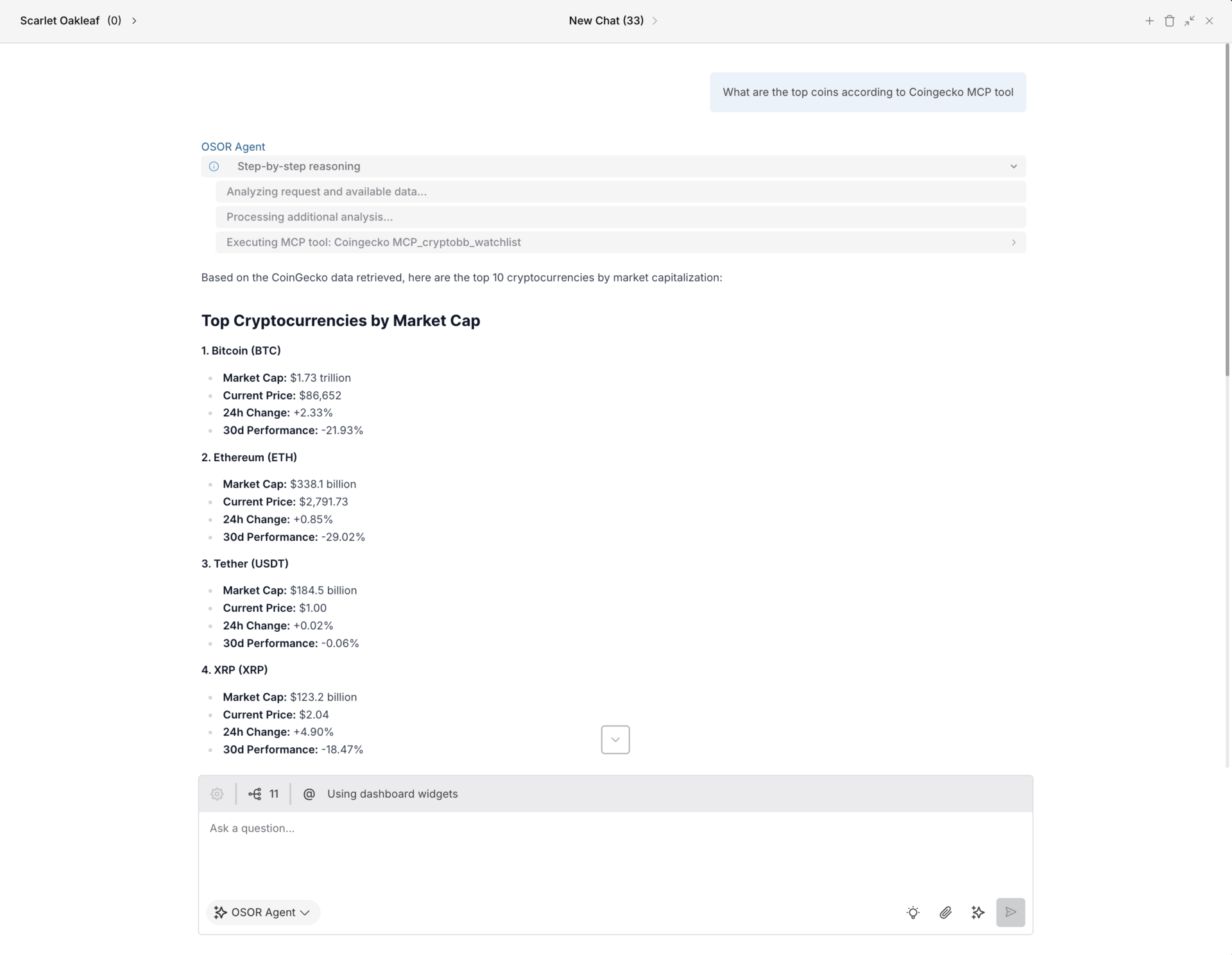 OSOR Agent showing step by step reasoning with MCP data
