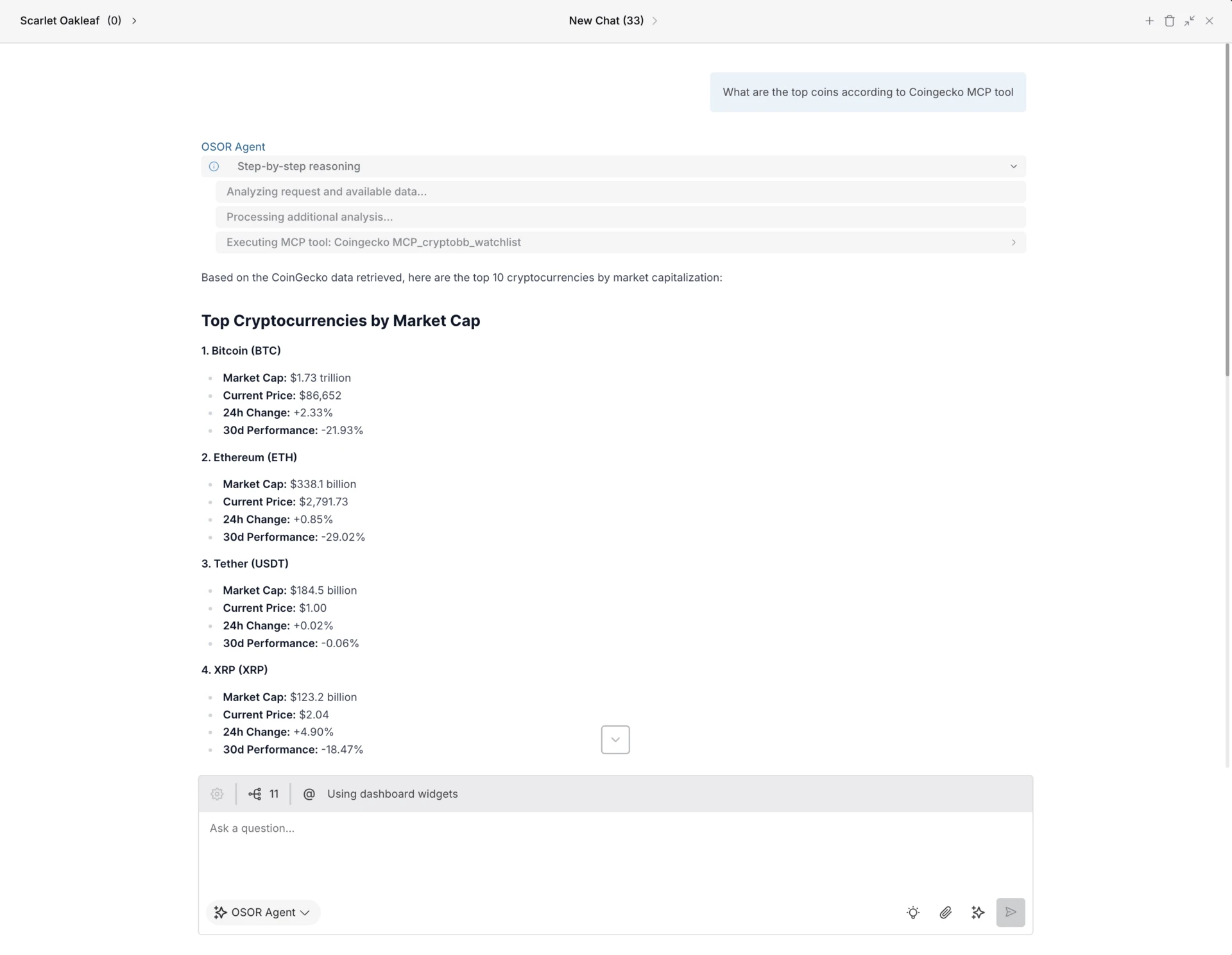 OSOR Agent showing step by step reasoning with MCP data