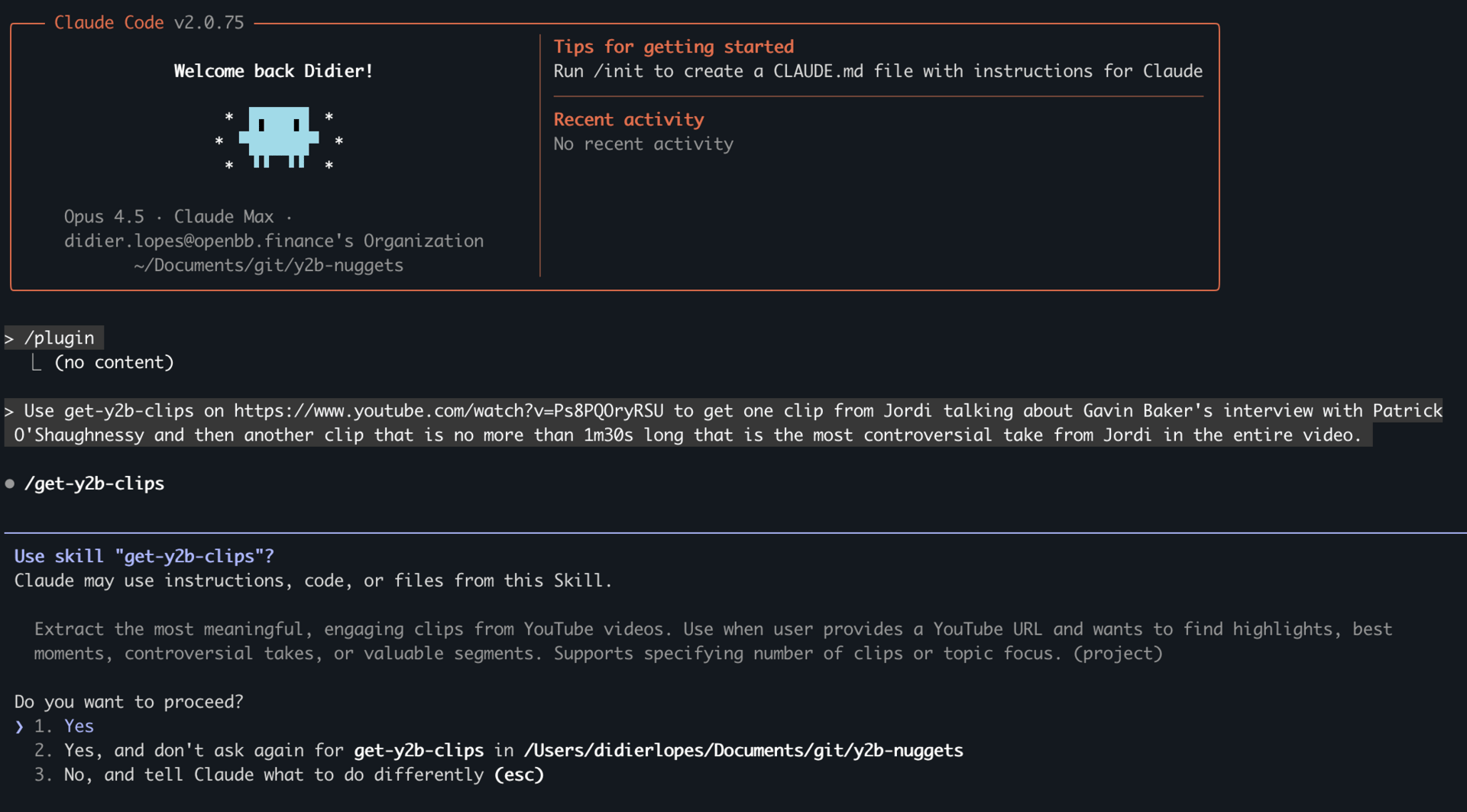 Prompt I used to trigger my get-y2b-clips skill on CC
