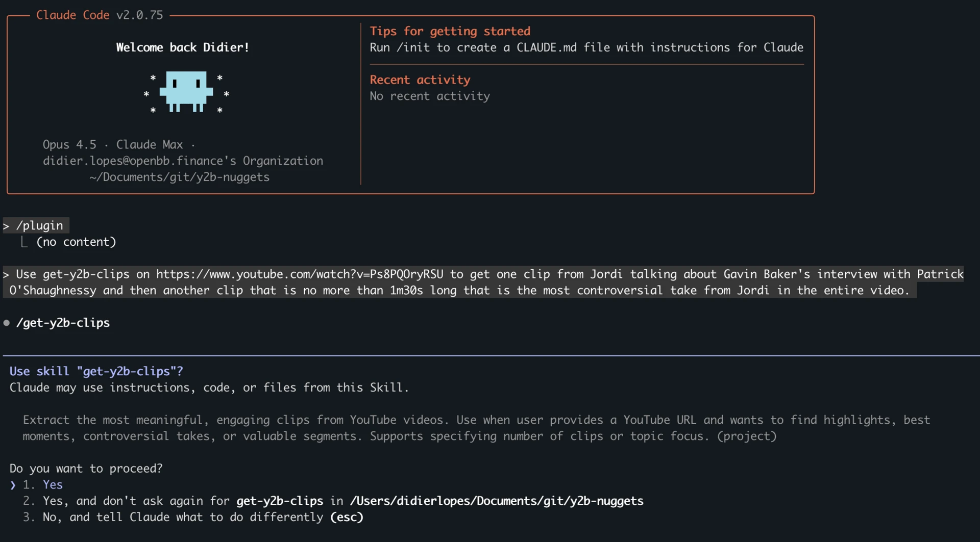 Prompt I used to trigger my get-y2b-clips skill on CC
