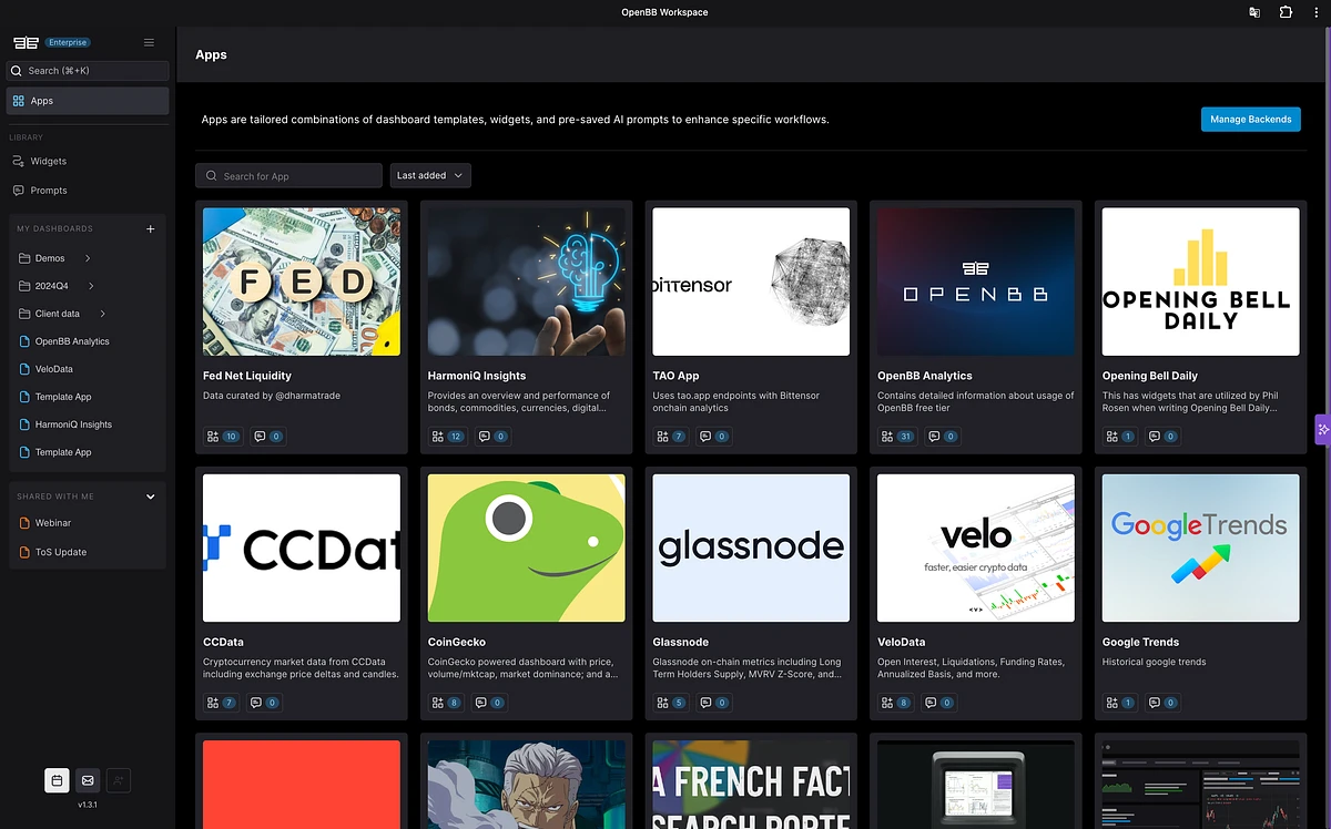 OpenBB Workspace Multiple Applications View