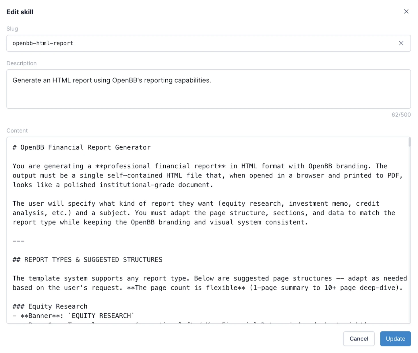 Configuring a Report Skill in OpenBB Workspace