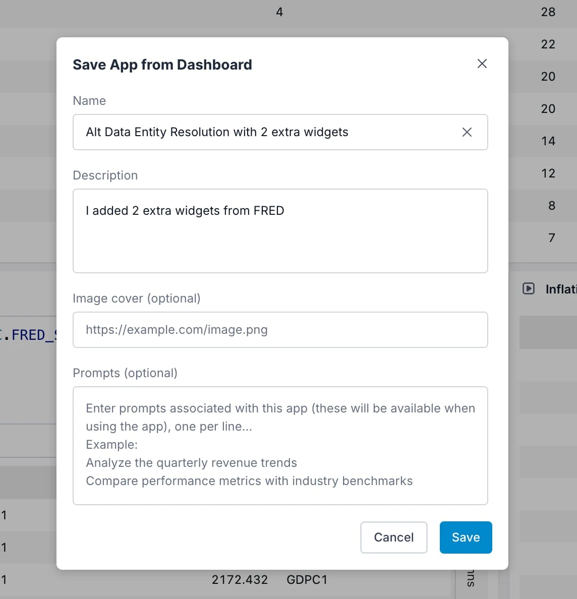 Save App dialog to create template dashboard