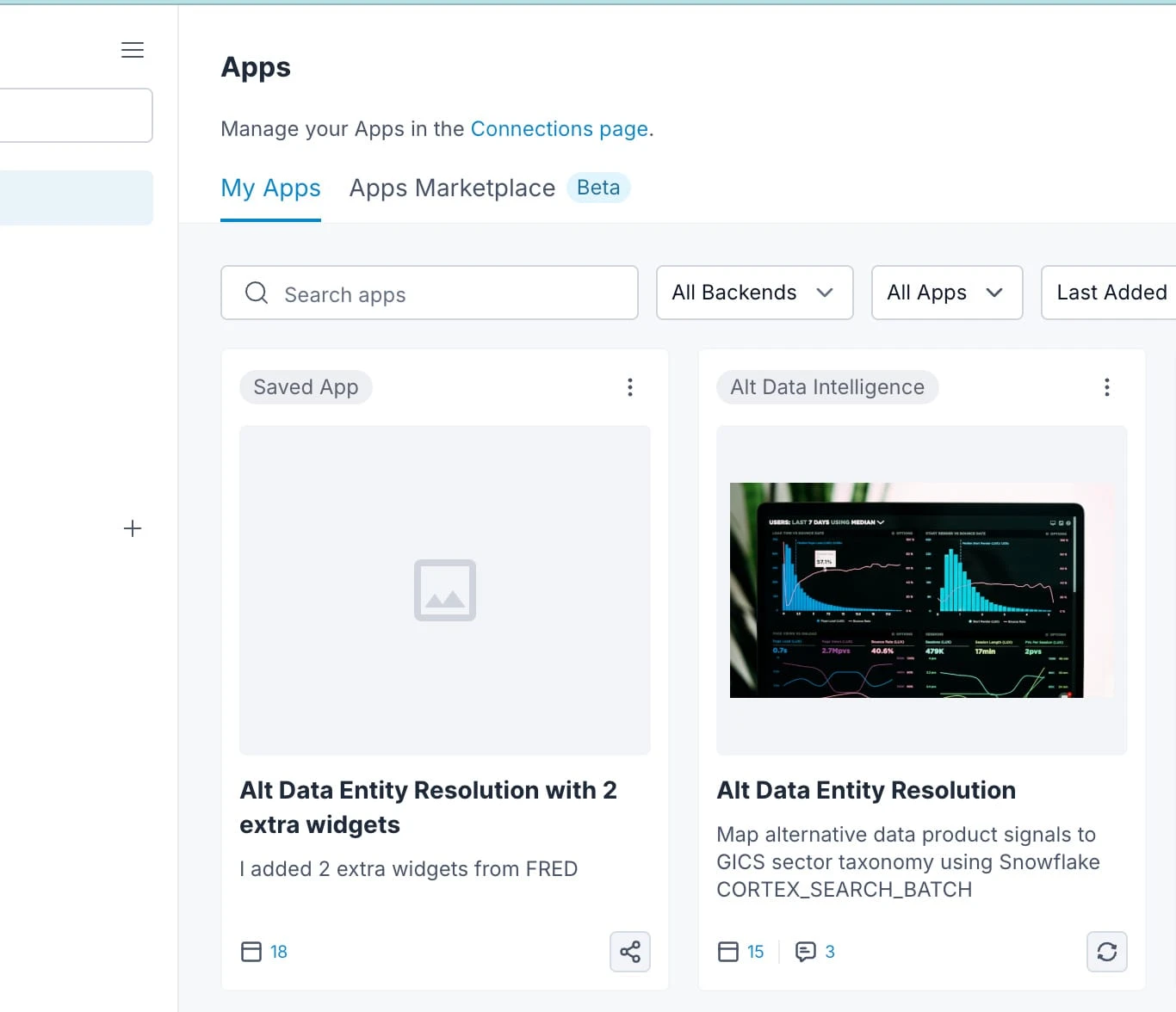App listing showing saved app in workspace