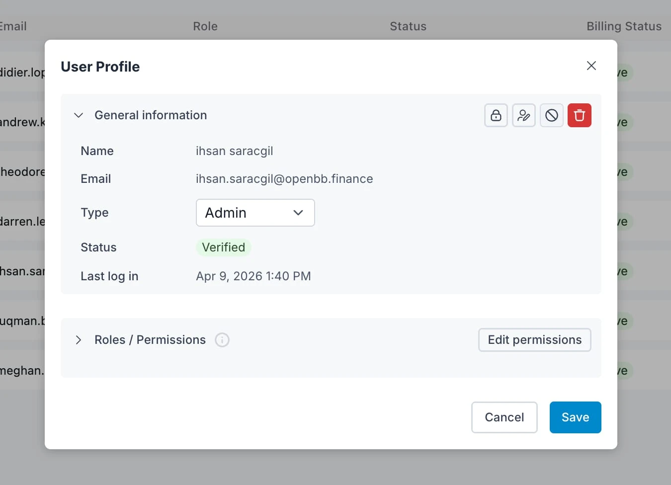 User profile access control settings