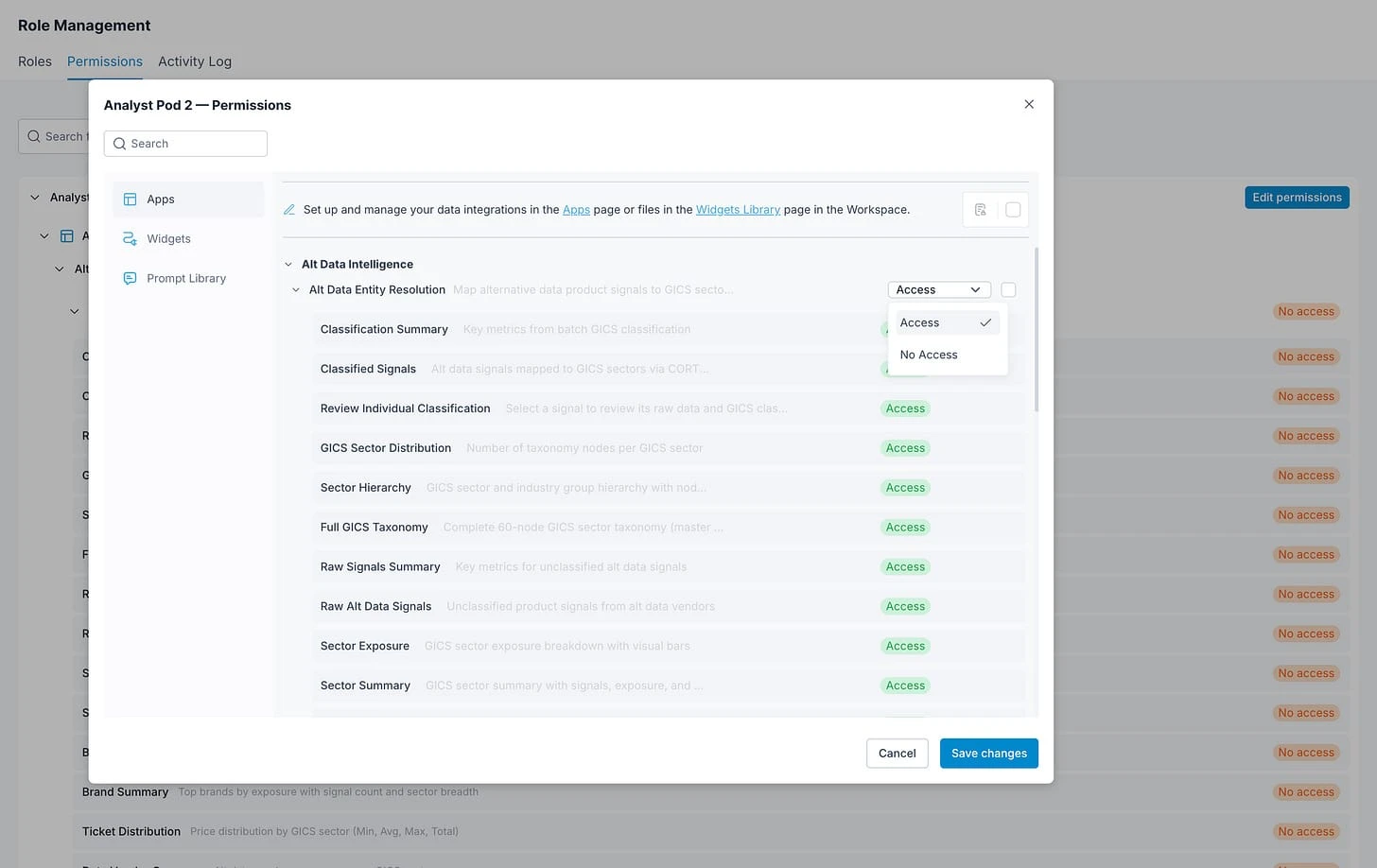 Managing role permissions at granular level