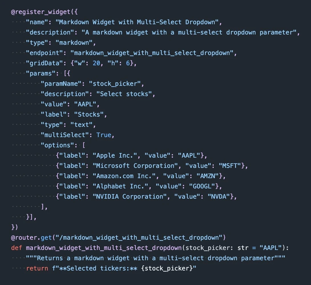widgets.json spec defined alongside the API endpoint