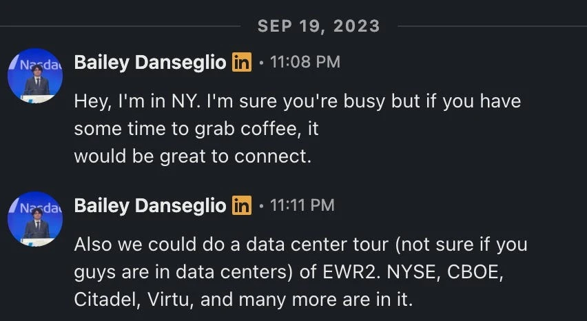 LinkedIn messages from Bailey Danseglio in September 2023 suggesting coffee and a data center tour of EWR2