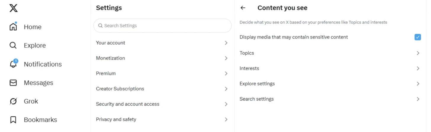 X settings page showing the Content you see section with Topics and Interests