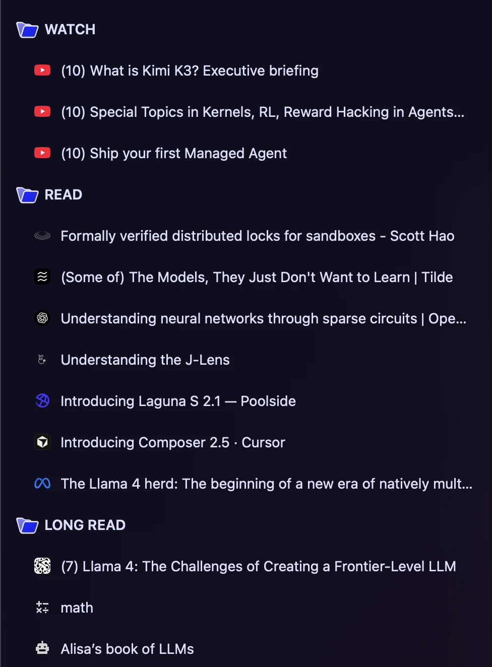 Arc browser sidebar with WATCH and READ folders full of bookmarked videos and articles