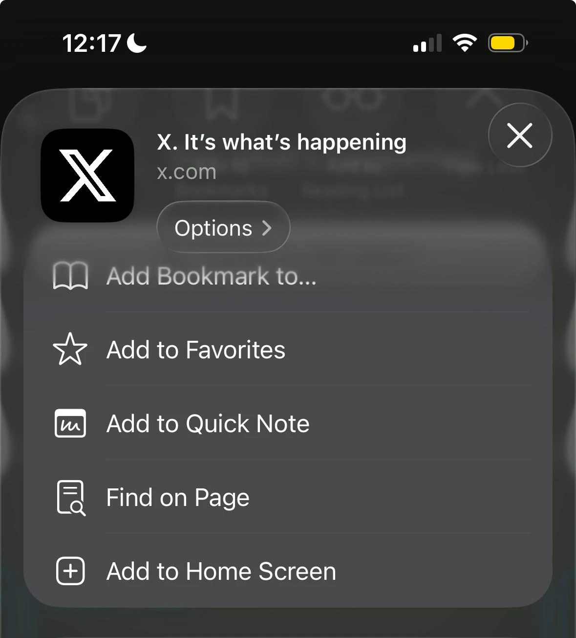 iOS Safari share sheet for X bookmarks showing the Add to Home Screen option