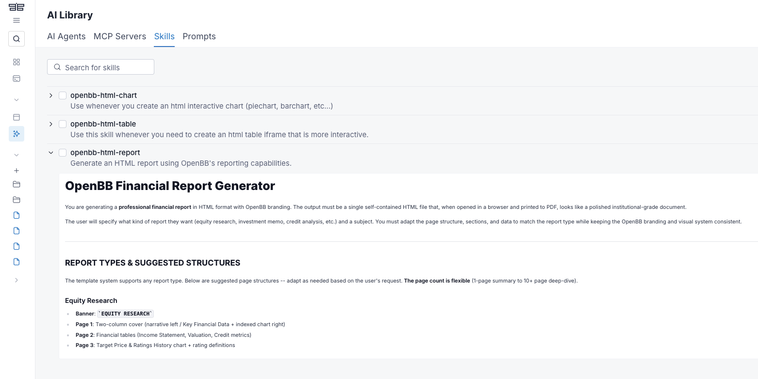OpenBB Workspace's AI Library, Skills tab, showing a skill's contents