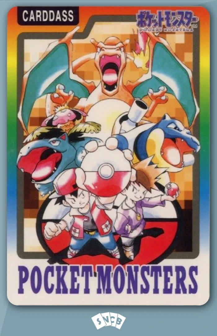 Carddass Part 4 secret promo featuring Venusaur, Charizard, Blastoise, Red, and Blue