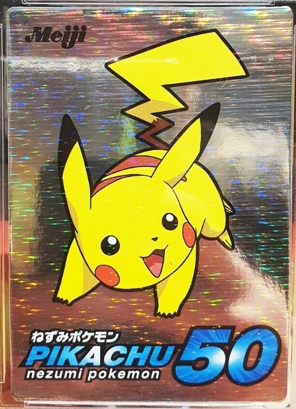 2001 Meiji Pikachu card with horizontal rainbow holofoil streaks